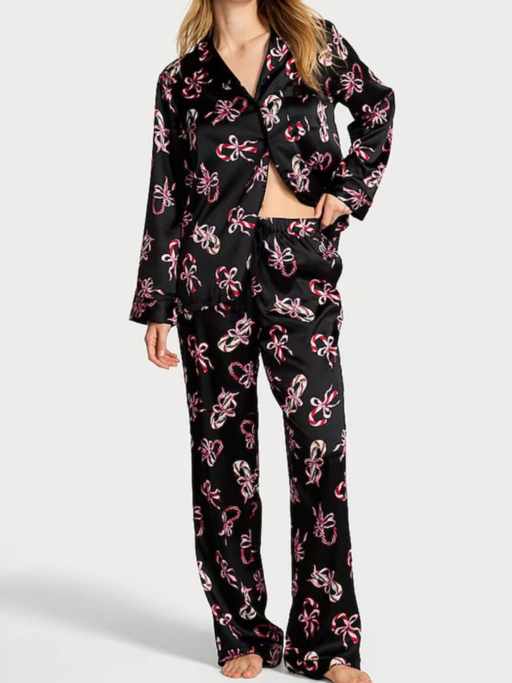 New! Victoria's Secret Black Candy Canes Satin Long Pajamas Set XS 50420